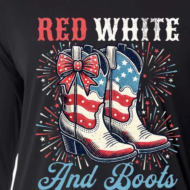 Red White And Boots Cute Coquette Cowgirl Independence Day Cooling Performance Long Sleeve Crew