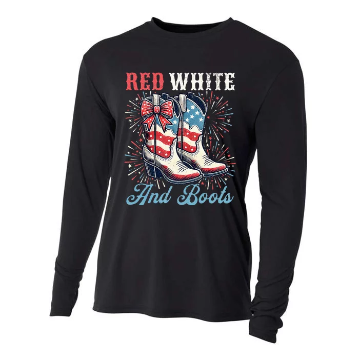 Red White And Boots Cute Coquette Cowgirl Independence Day Cooling Performance Long Sleeve Crew