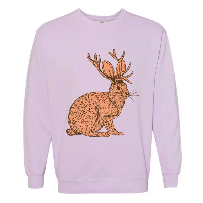 Retro Wild Animal Jackrabbit With Antelope Horns Jackalope Garment-Dyed Sweatshirt