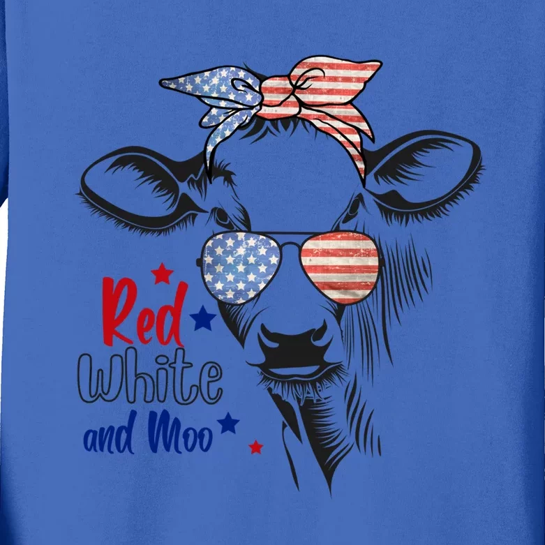 Red White And Moo Patriotic Cow Bandana 4th Of July Usa Flag Gift Kids Long Sleeve Shirt