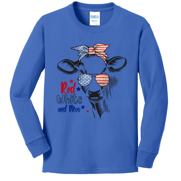 Red White And Moo Patriotic Cow Bandana 4th Of July Usa Flag Gift Kids Long Sleeve Shirt