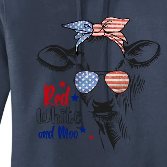 Red White And Moo Patriotic Cow Bandana 4th Of July Usa Flag Gift Women's Pullover Hoodie