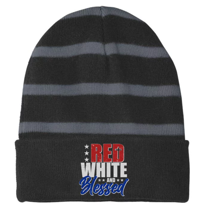 Red White And Blessed Striped Beanie with Solid Band