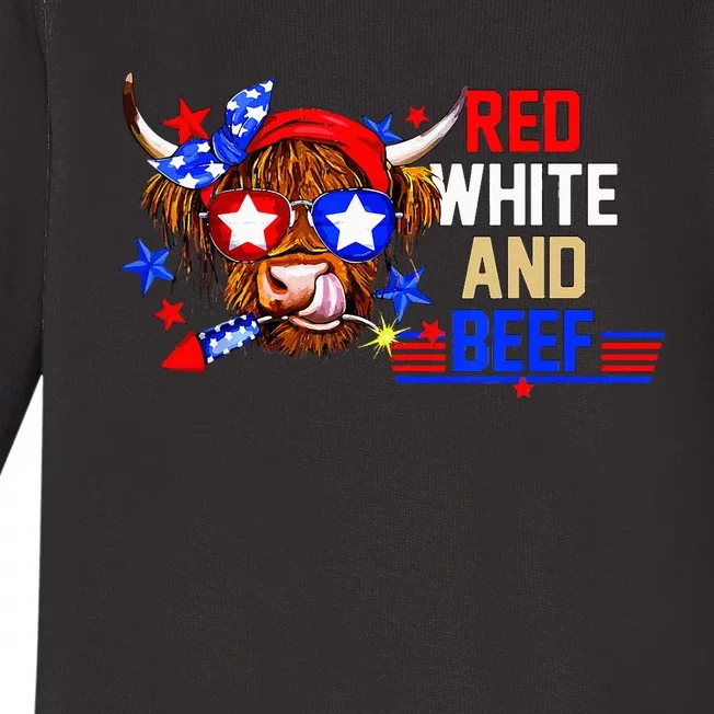 Red White And Beef 4th Of July Cattle American Flag Cow Baby Long Sleeve Bodysuit