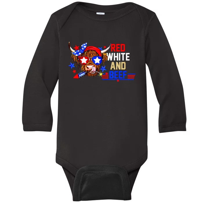 Red White And Beef 4th Of July Cattle American Flag Cow Baby Long Sleeve Bodysuit