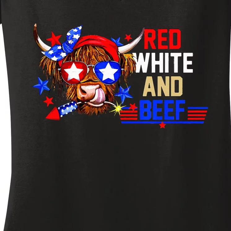 Red White And Beef 4th Of July Cattle American Flag Cow Women's V-Neck T-Shirt