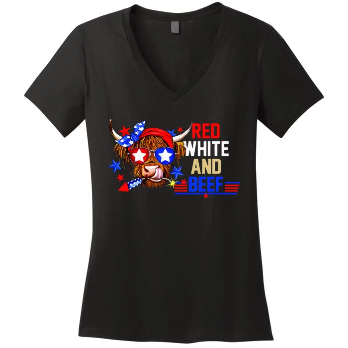 Red White And Beef 4th Of July Cattle American Flag Cow Women's V-Neck T-Shirt