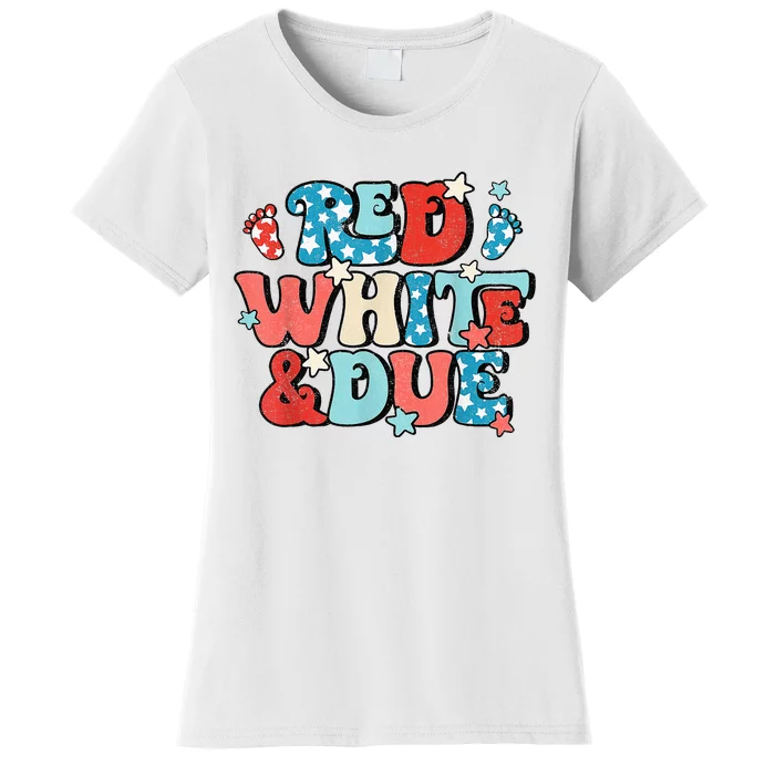 Red White And Due Pregnancy Announcement 4th Of July Groovy Women's T-Shirt