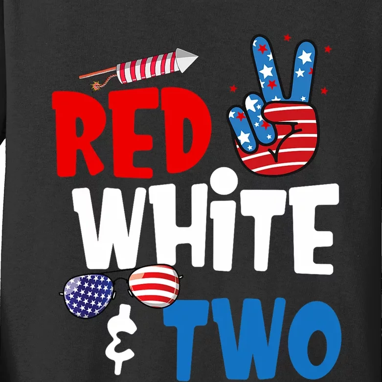 Red White And Two Birthday 4th Of July American 2nd Birthday Kids Long Sleeve Shirt