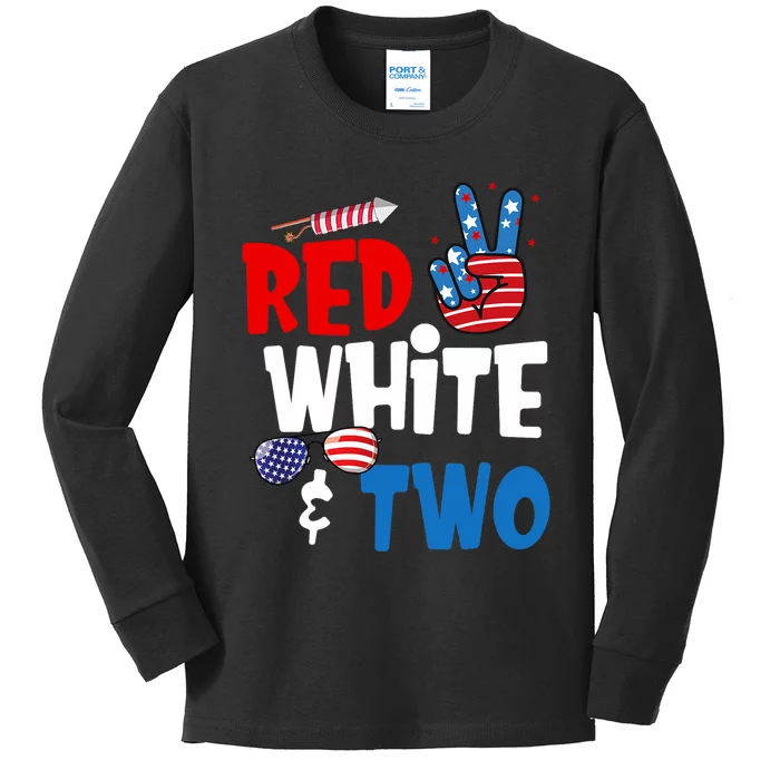 Red White And Two Birthday 4th Of July American 2nd Birthday Kids Long Sleeve Shirt