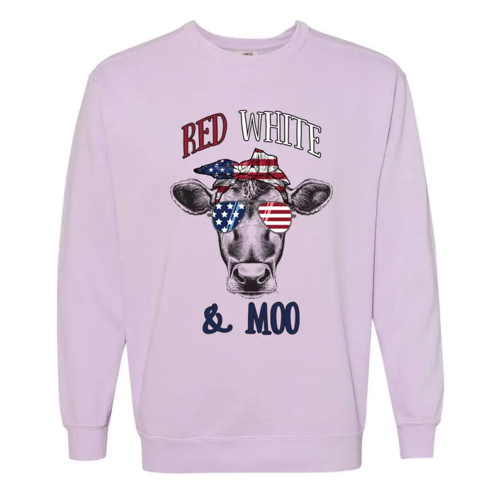 Red White And Blue Cow American Flag Heifer Gift Garment-Dyed Sweatshirt