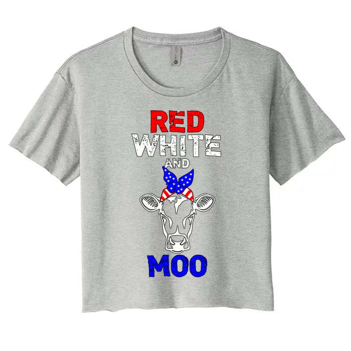 Red White And Moo Usa American Flag Bandana Cow Funny Pun Cute Gift Women's Crop Top Tee