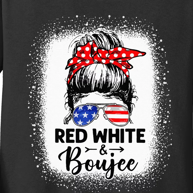 Red White and Boujee 4th of July Drinking Messy Bun Wo Kids Long Sleeve Shirt