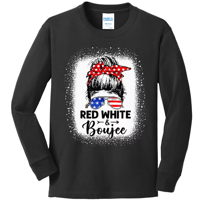 Red White and Boujee 4th of July Drinking Messy Bun Wo Kids Long Sleeve Shirt