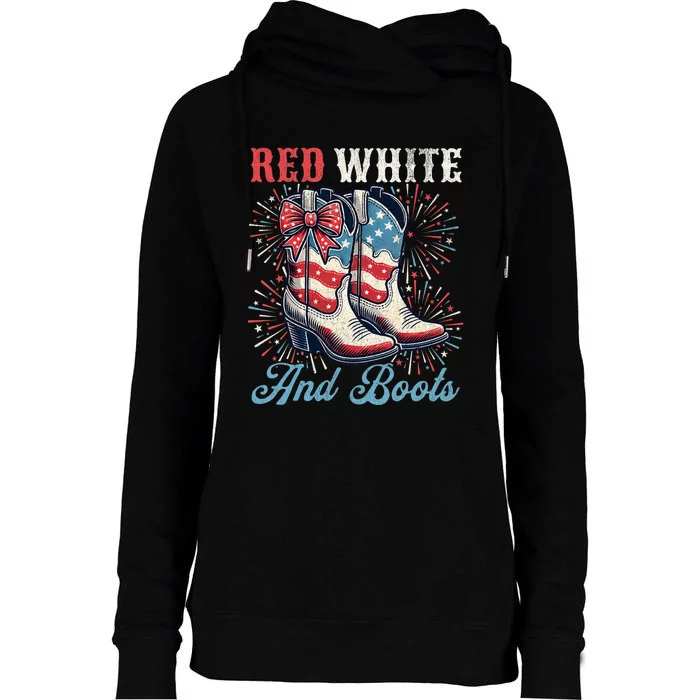 Red White And Boots Cute Coquette Cowgirl Independence Day Womens Funnel Neck Pullover Hood