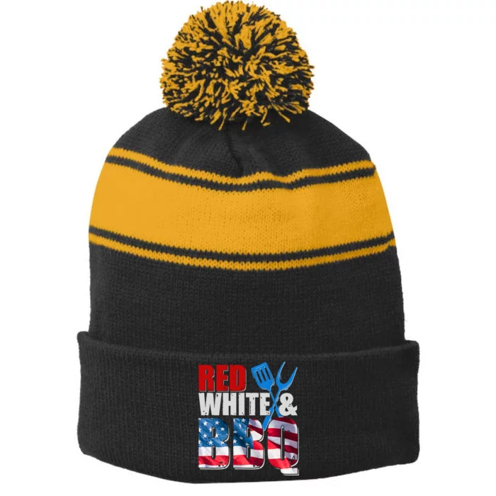 Red White And BBQ American USA Flag Stripe Pom Pom Beanie