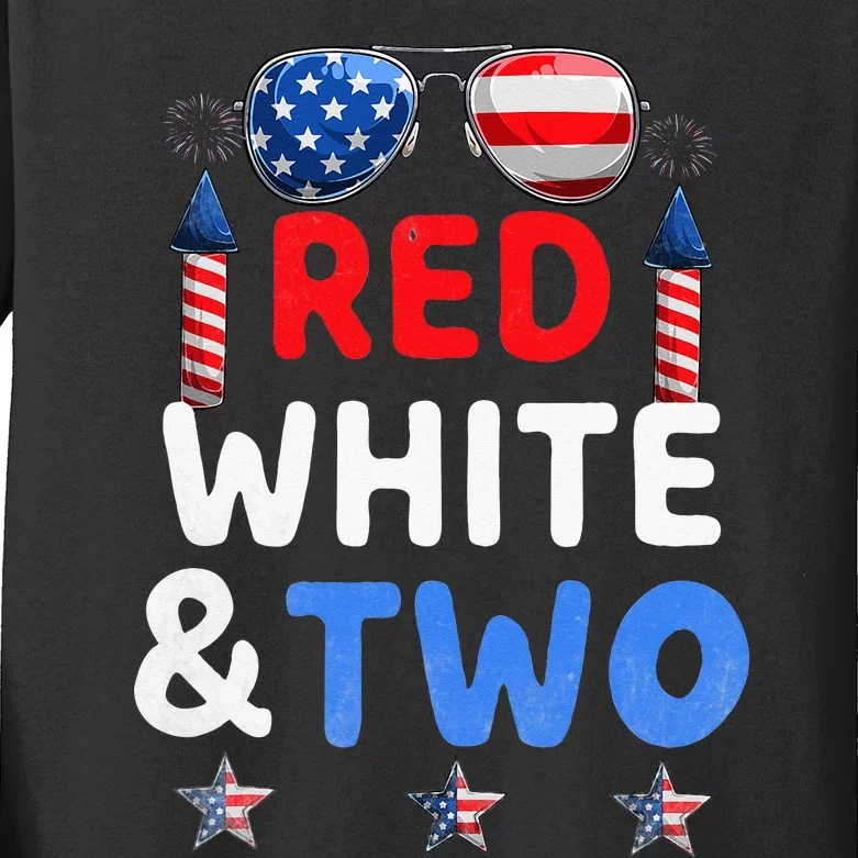 Red White And Two 2nd Birthday 4th Of July Firework Kids Long Sleeve Shirt