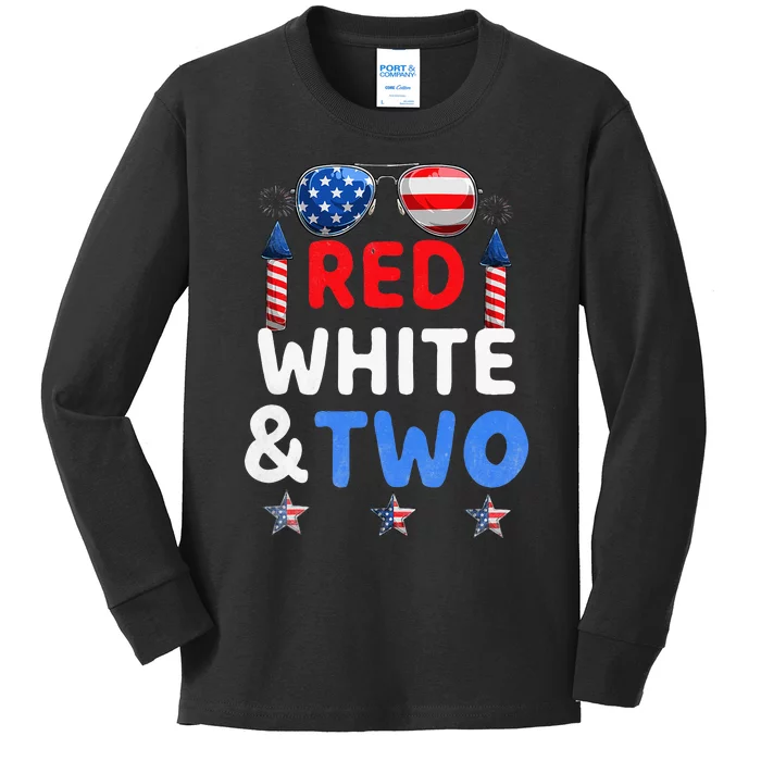 Red White And Two 2nd Birthday 4th Of July Firework Kids Long Sleeve Shirt