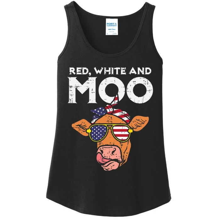 Red White And Moo Cow USA Flag 4th Of July Fourth Patriotic Ladies Essential Tank