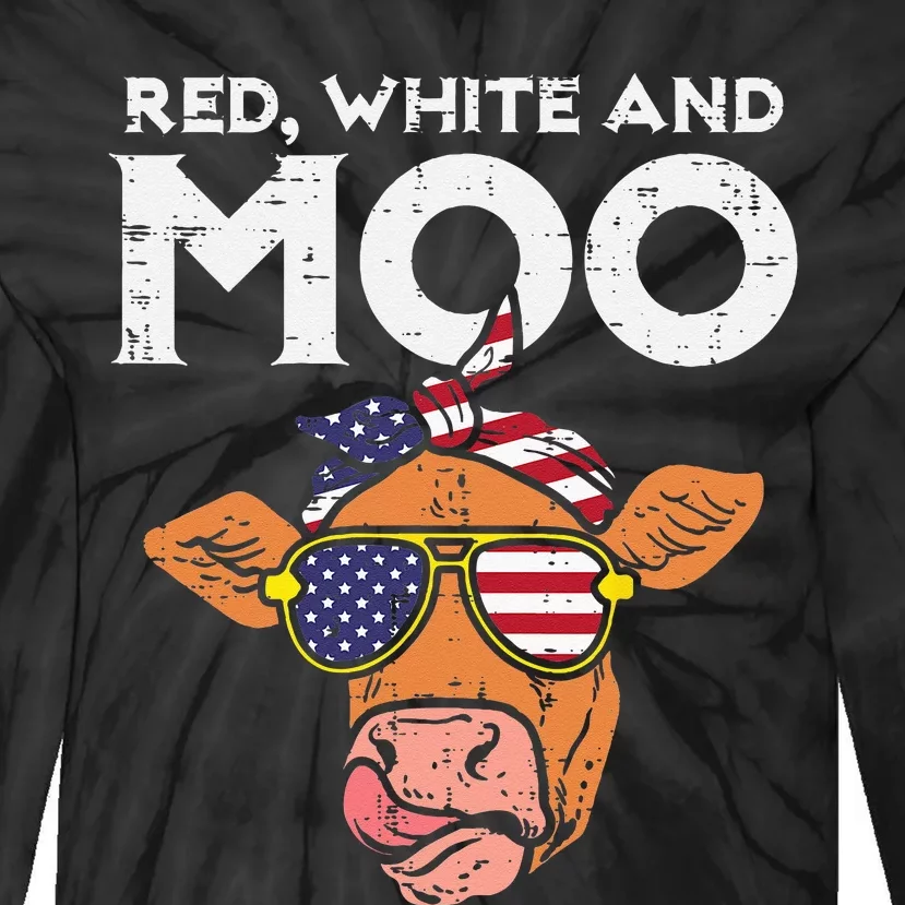 Red White And Moo Cow USA Flag 4th Of July Fourth Patriotic Tie-Dye Long Sleeve Shirt