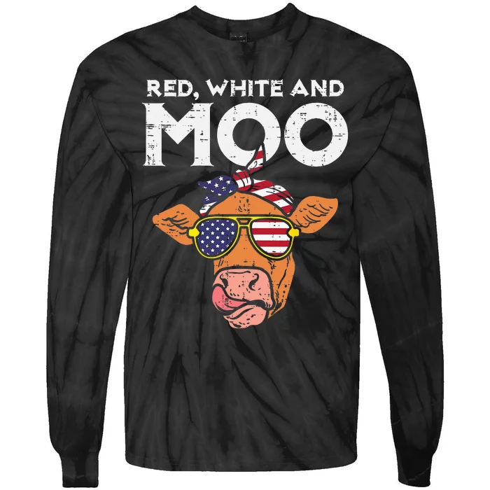 Red White And Moo Cow USA Flag 4th Of July Fourth Patriotic Tie-Dye Long Sleeve Shirt