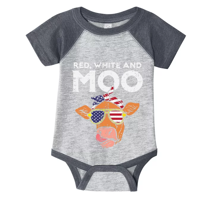 Red White And Moo Cow USA Flag 4th Of July Fourth Patriotic Infant Baby Jersey Bodysuit