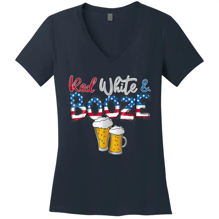 Red White and Booze America Flag 4th Of Julyy Women's V-Neck T-Shirt