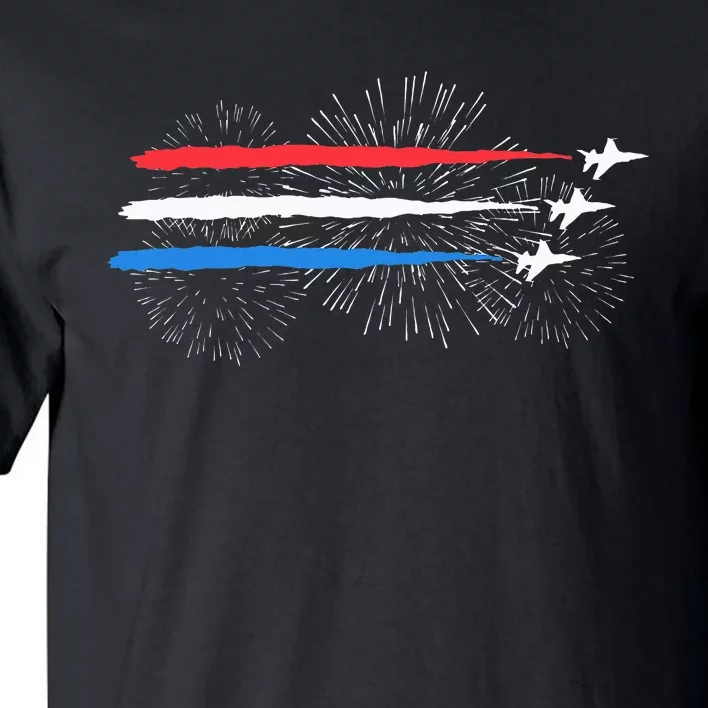 Red White And Blue Fighter Jets With Fireworks Tall T-Shirt