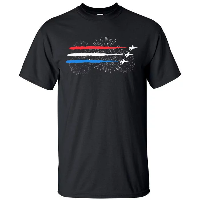 Red White And Blue Fighter Jets With Fireworks Tall T-Shirt