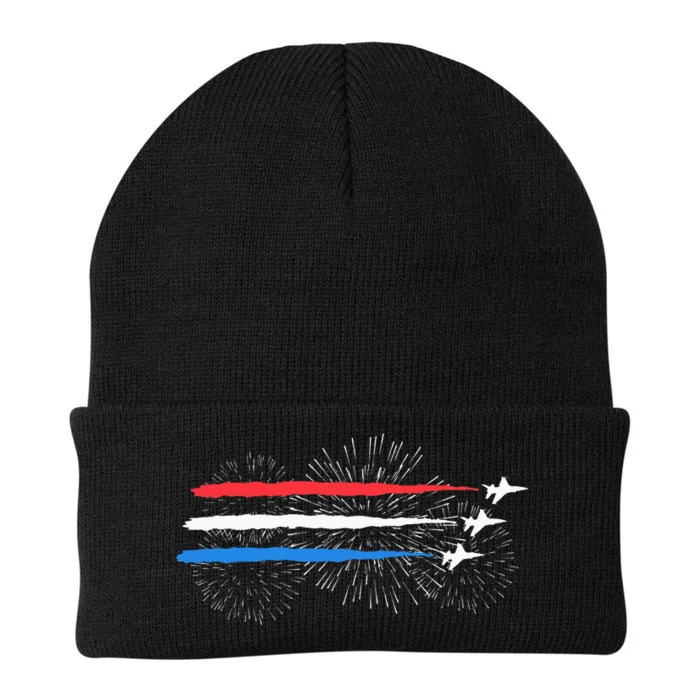 Red White And Blue Fighter Jets With Fireworks Knit Cap Winter Beanie