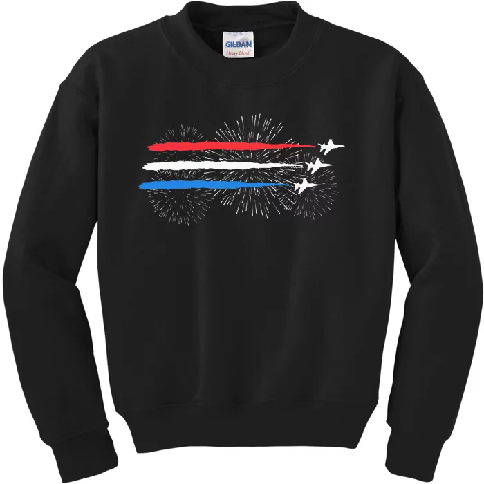 Red White And Blue Fighter Jets With Fireworks Kids Sweatshirt