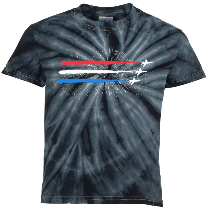 Red White And Blue Fighter Jets With Fireworks Kids Tie-Dye T-Shirt