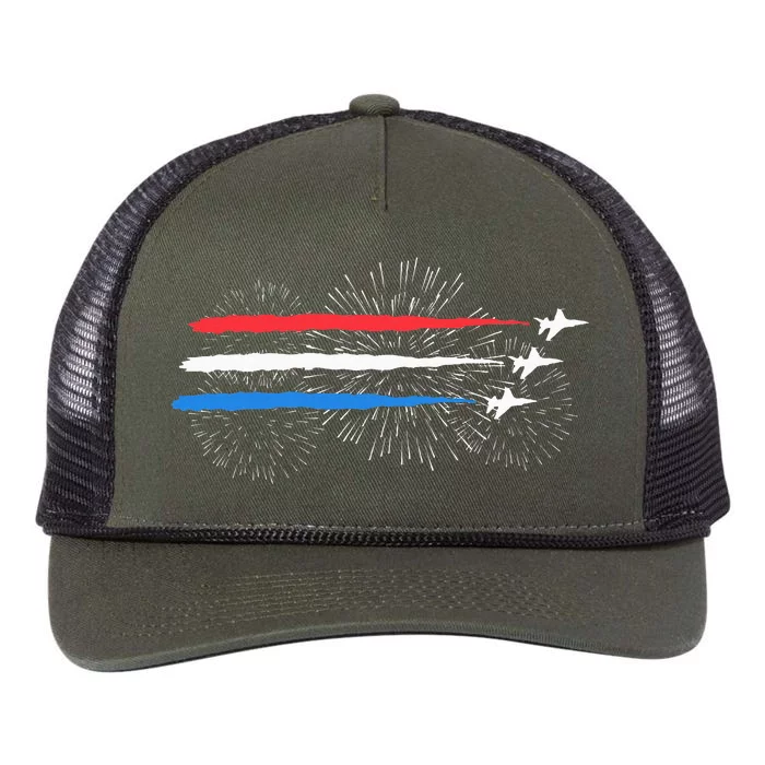 Red White And Blue Fighter Jets With Fireworks Retro Rope Trucker Hat Cap