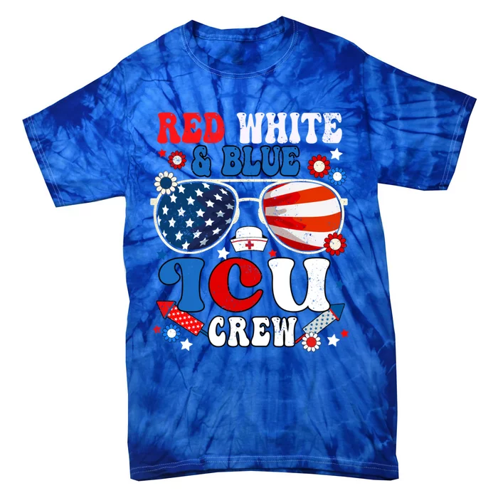 Red White Blue Icu Crew Nurse Scrub Sunglasses 4th Of July Cool Gift Tie-Dye T-Shirt