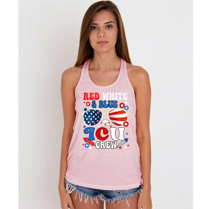 Red White Blue Icu Crew Nurse Scrub Sunglasses 4th Of July Cool Gift Women's Knotted Racerback Tank