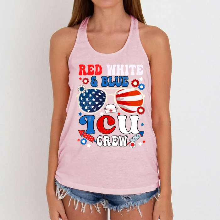 Red White Blue Icu Crew Nurse Scrub Sunglasses 4th Of July Cool Gift Women's Knotted Racerback Tank