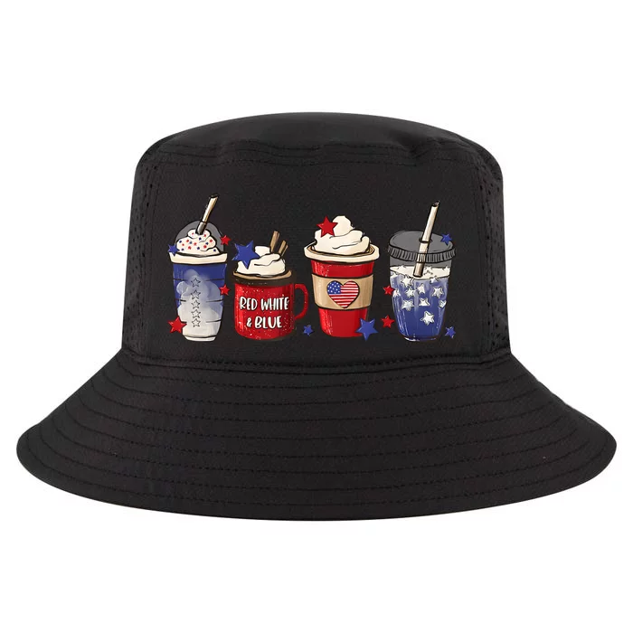 Red White Blue Latte Ice Coffee USA 4th Of July Patriotic Cool Comfort Performance Bucket Hat