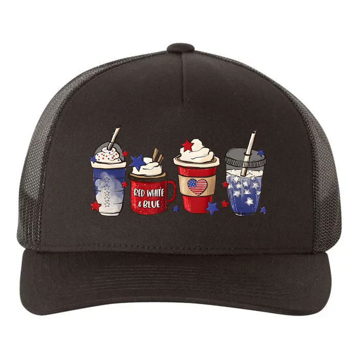 Red White Blue Latte Ice Coffee USA 4th Of July Patriotic Yupoong Adult 5-Panel Trucker Hat