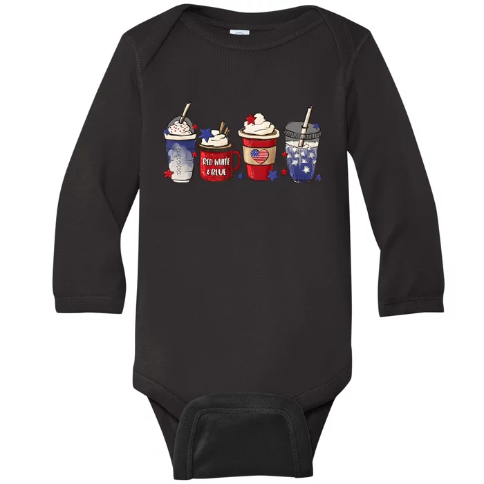 Red White Blue Latte Ice Coffee USA 4th Of July Patriotic Baby Long Sleeve Bodysuit