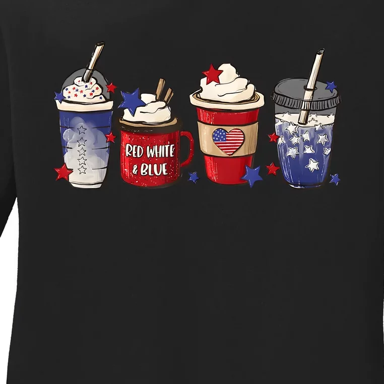 Red White Blue Latte Ice Coffee USA 4th Of July Patriotic Ladies Long Sleeve Shirt