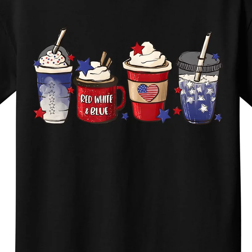 Red White Blue Latte Ice Coffee USA 4th Of July Patriotic Kids T-Shirt