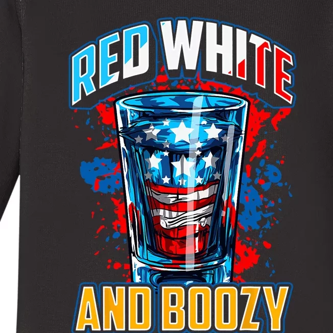 Red White & Boozy Patriotic American Whiskey Drinker Alcohol Baby Long Sleeve Bodysuit