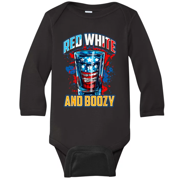 Red White & Boozy Patriotic American Whiskey Drinker Alcohol Baby Long Sleeve Bodysuit