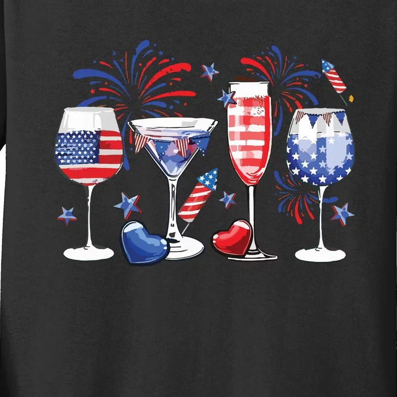 Red White Blue Wine Glass USA Flag Happy 4th Of July Kids Long Sleeve Shirt