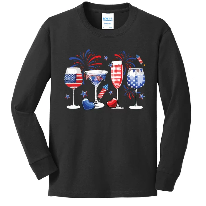 Red White Blue Wine Glass USA Flag Happy 4th Of July Kids Long Sleeve Shirt