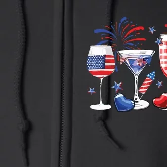 Red White Blue Wine Glass USA Flag Happy 4th Of July Full Zip Hoodie