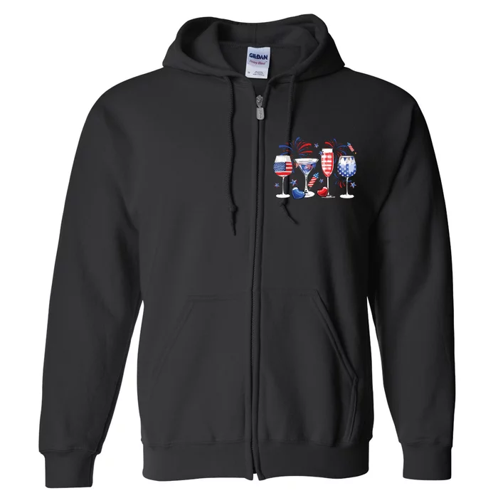 Red White Blue Wine Glass USA Flag Happy 4th Of July Full Zip Hoodie