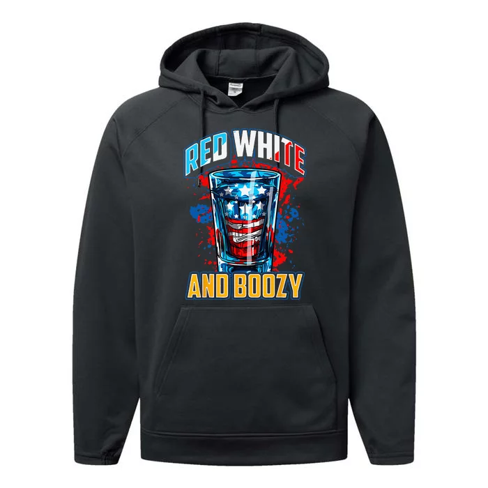 Red White & Boozy Patriotic American Whiskey Drinker Alcohol Performance Fleece Hoodie