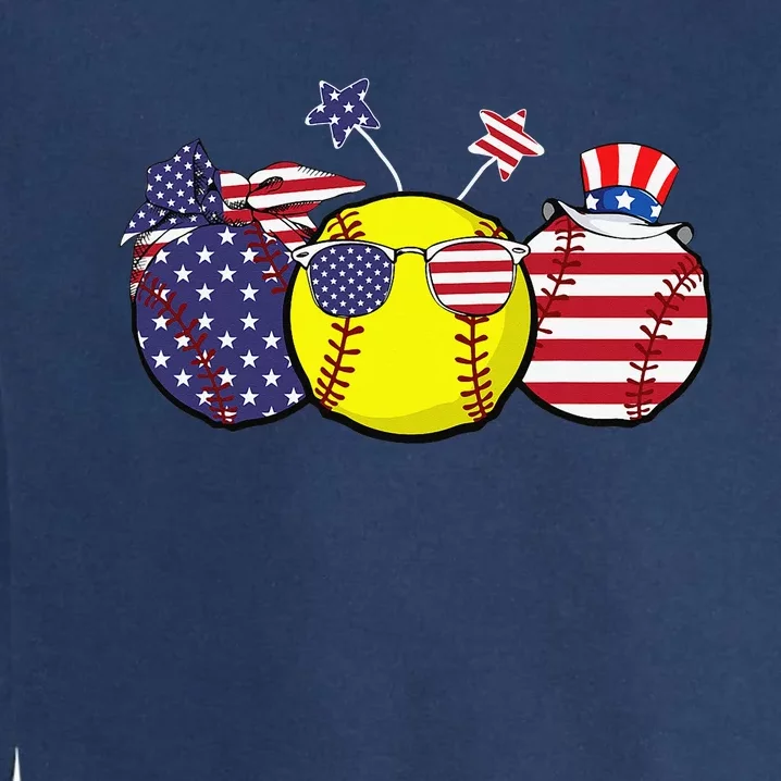 Red White Blue Softball Lover Patriotic 4th Of July Garment-Dyed Sweatshirt