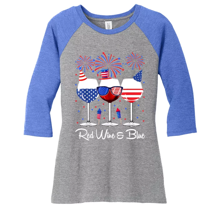 Red Wine & Blue 4th Of July Wine Red White Blue Wine Glasses Women's Tri-Blend 3/4-Sleeve Raglan Shirt